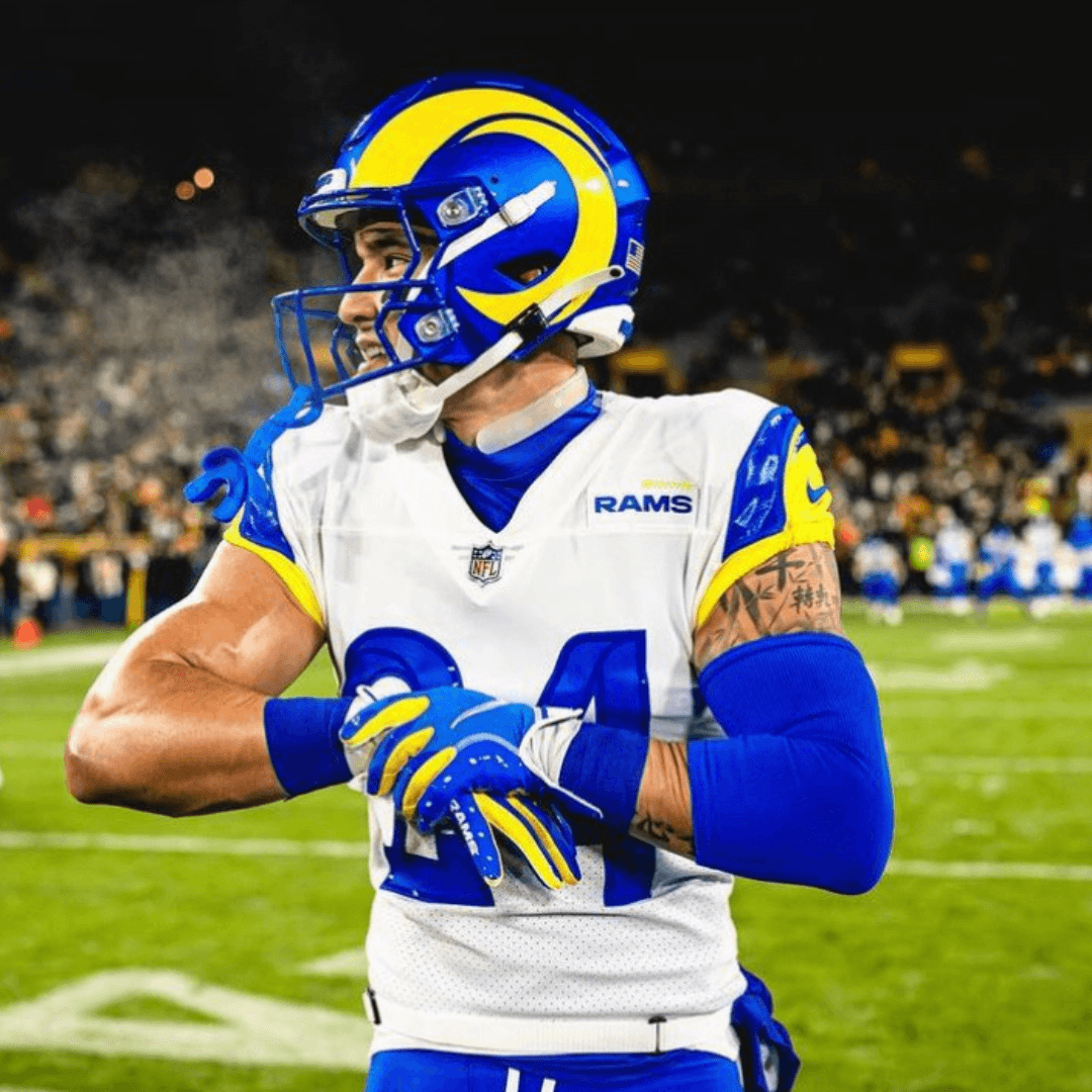 Los Angeles Rams safety Taylor Rapp (24) and Atlanta Falcons place