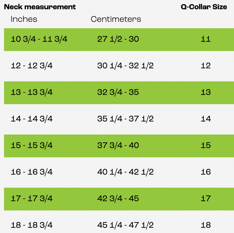 Q-Collar sizing chart